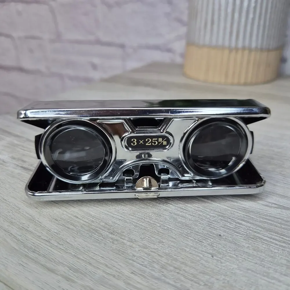 Vintage Sport Glass 3x25mm Folding Opera Glasses Pocket Binoculars Chrome Japan